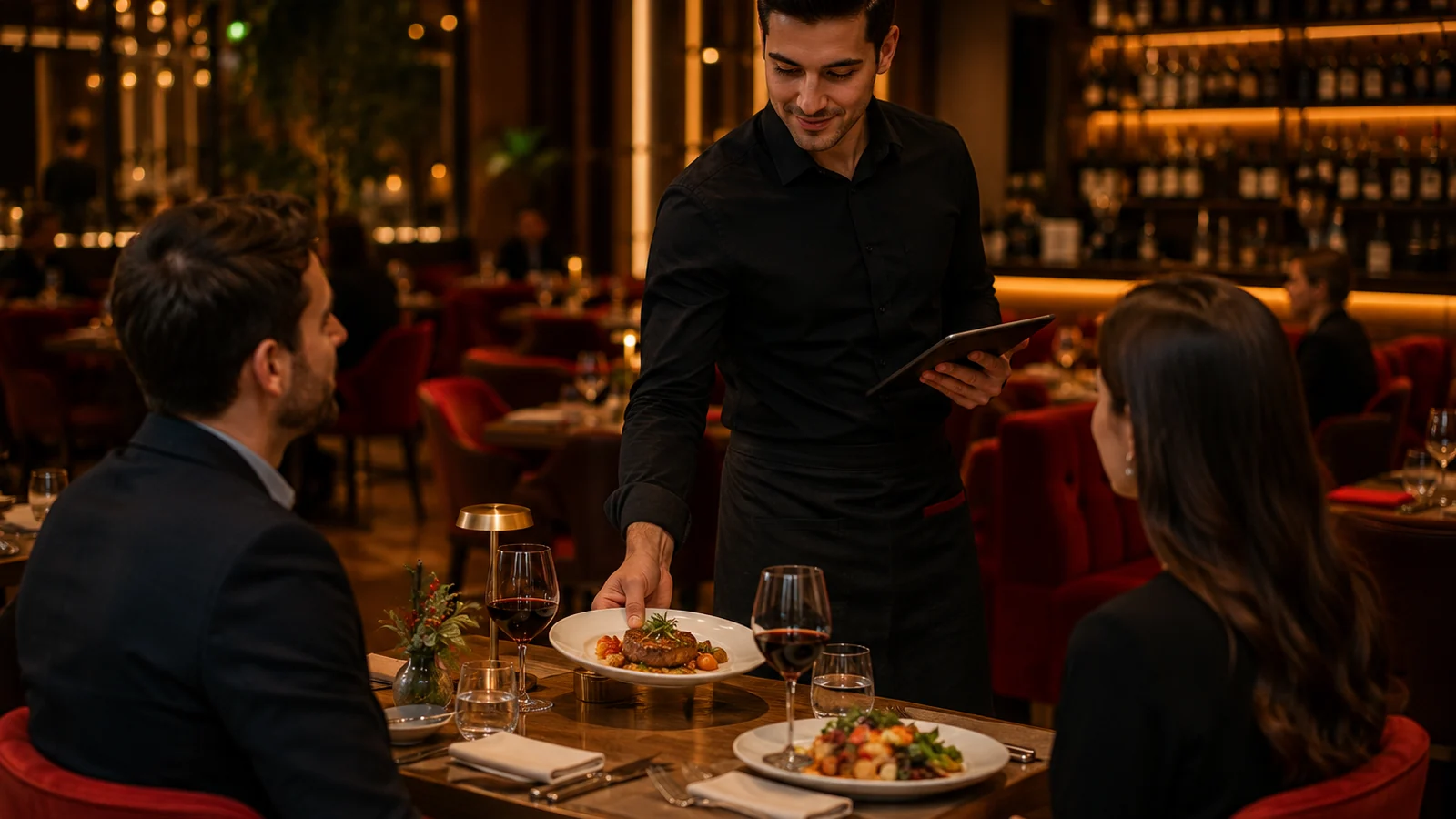 Restoran masasındaki QR kodu telefonuyla okutarak garson çağıran misafir